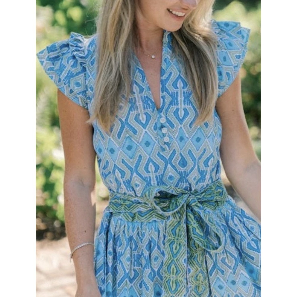 Victoria Dunn Amie Dress XS Blue Green Geometric Block Print Waist Tie Mini
